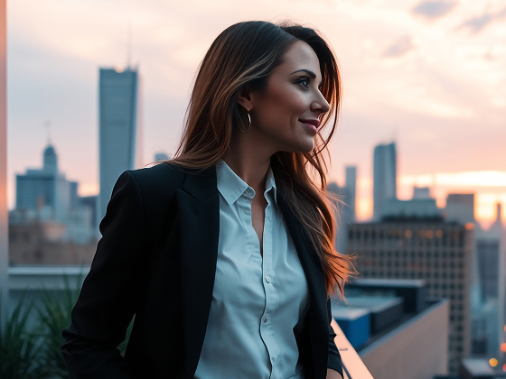woman-stands-balcony-overlooking-city-sunset 1